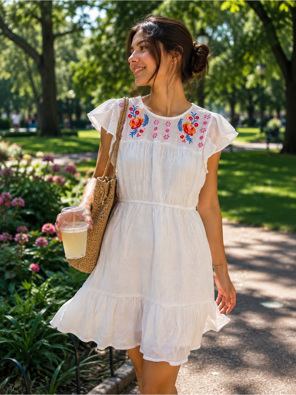 White Embroidered Flutter Sleeve Sundress